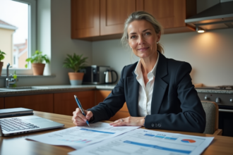 Femme d age moyen en costume examine documents fiscaux