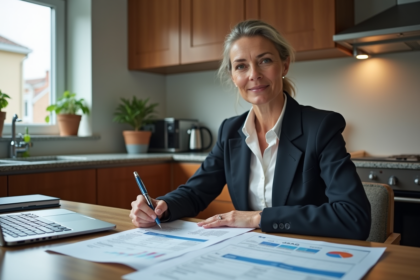 Femme d age moyen en costume examine documents fiscaux