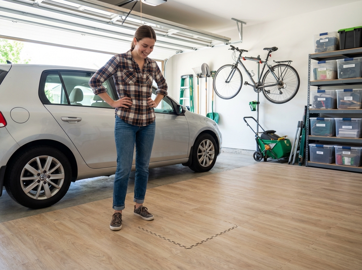 Jeune femme admirant le nouveau sol dans un garage lumineux