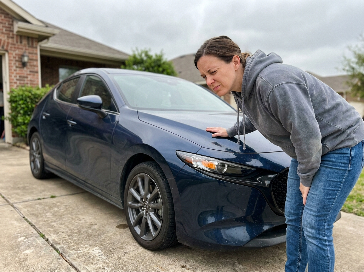 Femme inspectant le phare avant de sa voiture dans une allée résidentielle avant une décision de remplacement