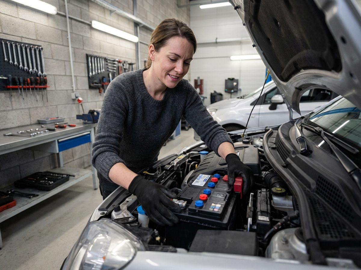 Jeune femme installe une nouvelle batterie dans un garage professionnel