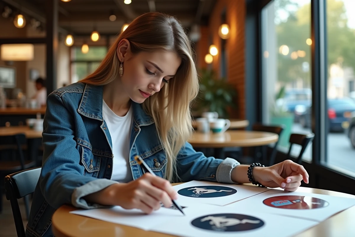 Jeune femme étudiant des logos de voitures dans un café moderne