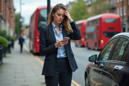 Jeune femme d'affaires à Londres avec smartphone et souci