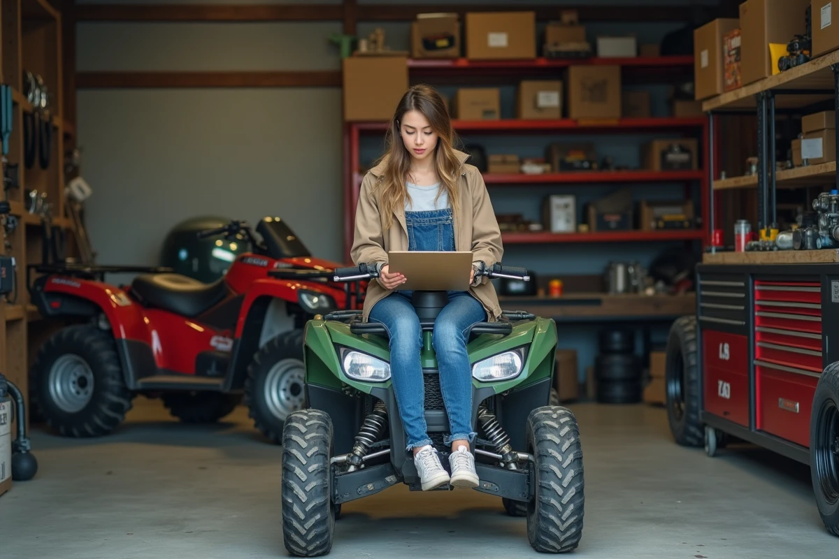 Femme vérifiant un quad dans un atelier de garage