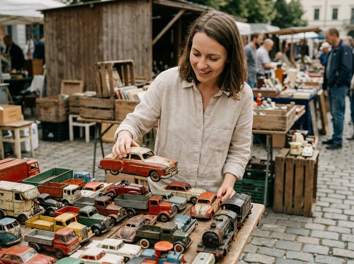 Femme au marché aux puces extérieur tenant une vieille voiture miniature en étain parmi des jouets vintage sur une table d'antiquaire