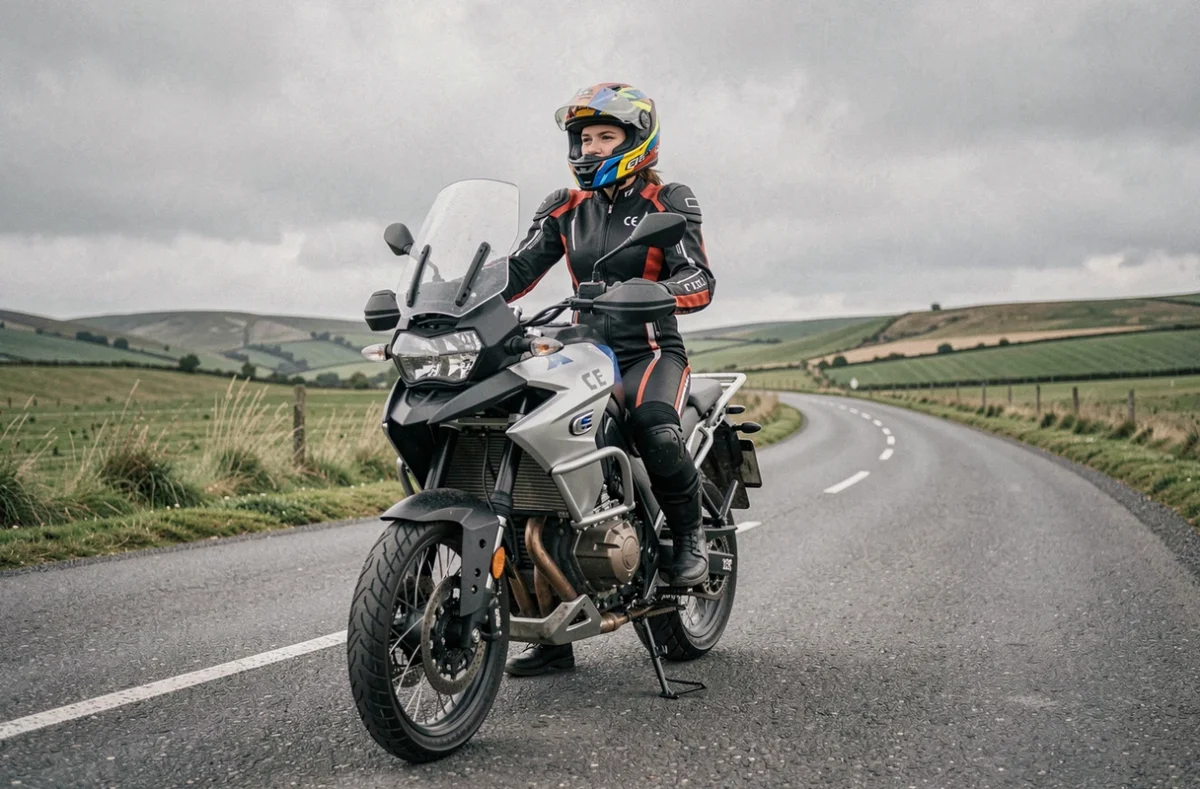 Femme motarde équipée sur une moto adventure en route sur une route de campagne sinueuse, représentant la protection et l'assurance moto tous risques