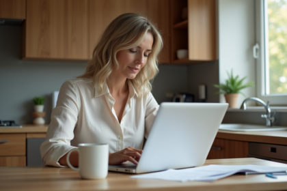 Femme d'âge moyen travaillant à la maison avec documents d'assurance