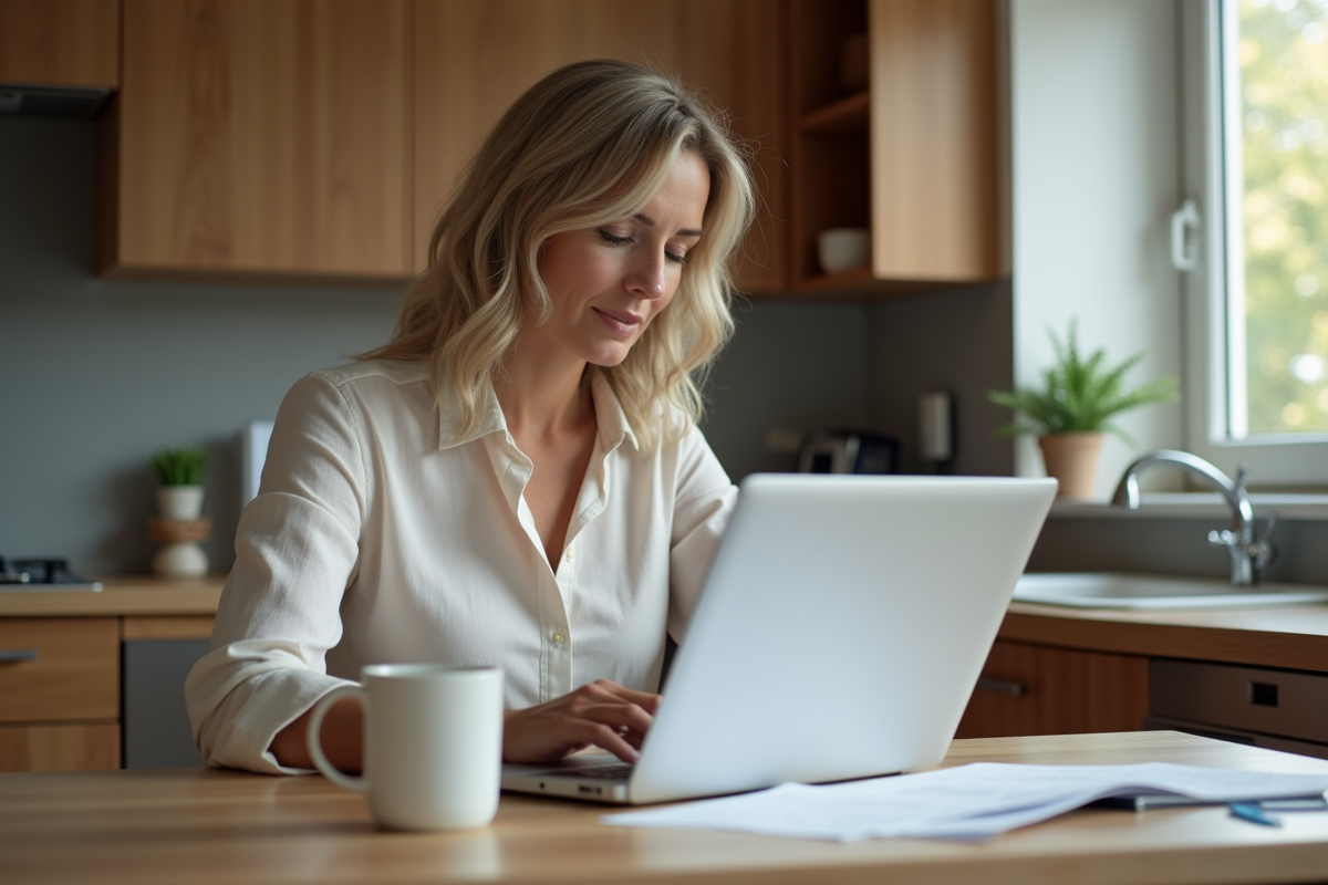 Femme d'âge moyen travaillant à la maison avec documents d'assurance