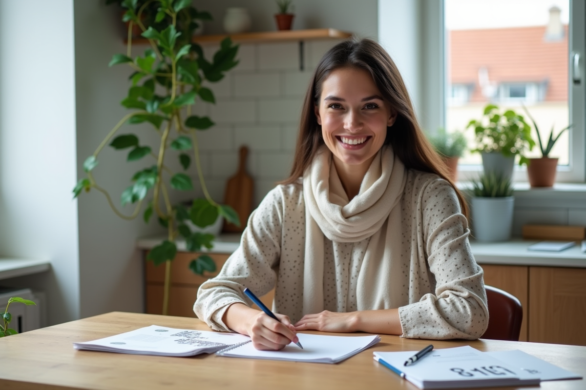 Femme souriante avec papiers dans une cuisine lumineuse