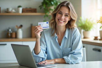 Femme souriante avec permis de conduire français dans la cuisine
