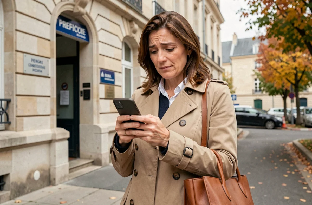 Femme devant une préfecture consultant son téléphone sur les démarches de récupération de points de permis
