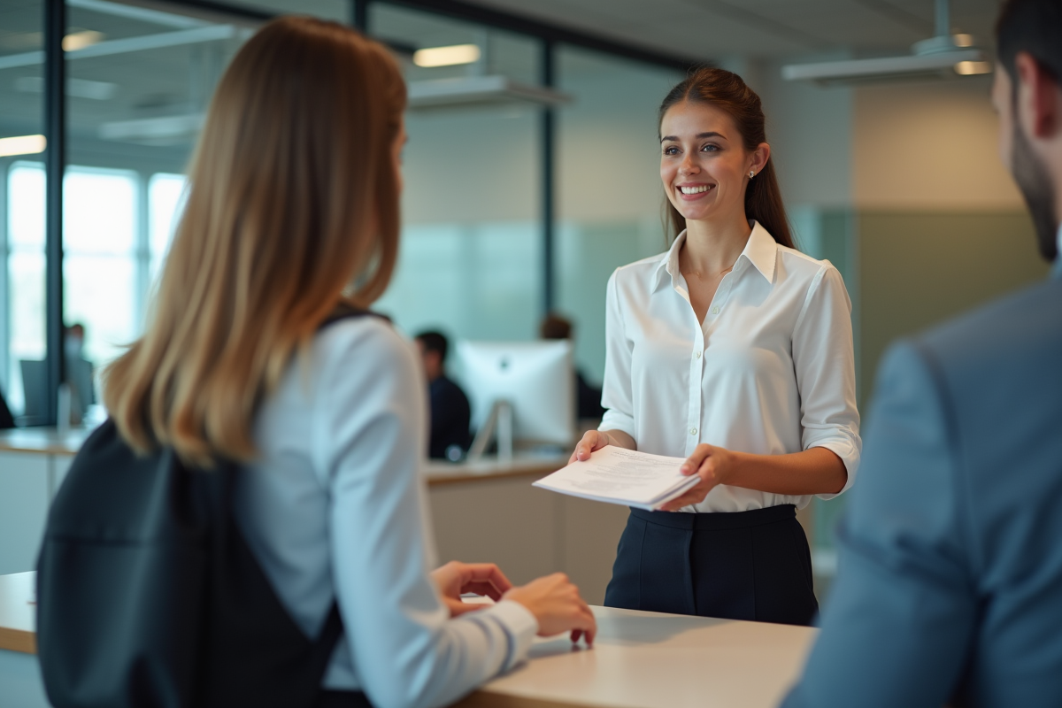 Femme administrative remet documents et plaque dans une préfecture