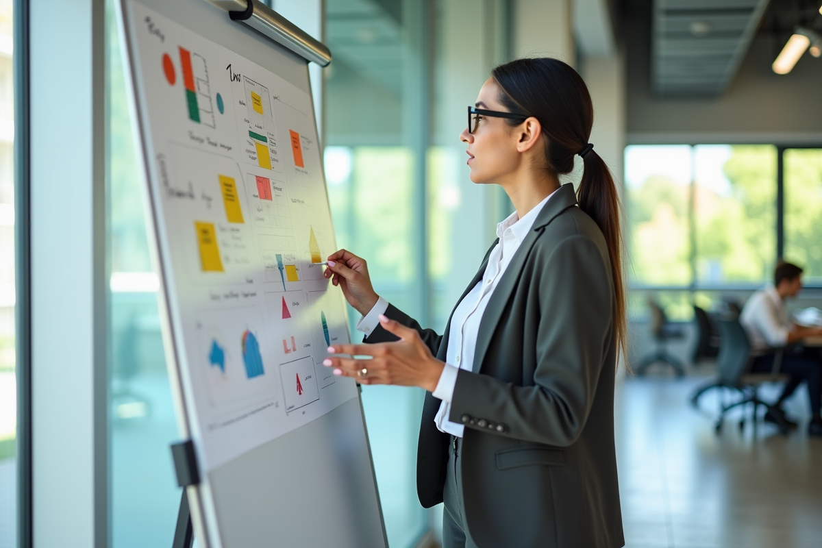 Femme en business casual présente des graphiques en réunion