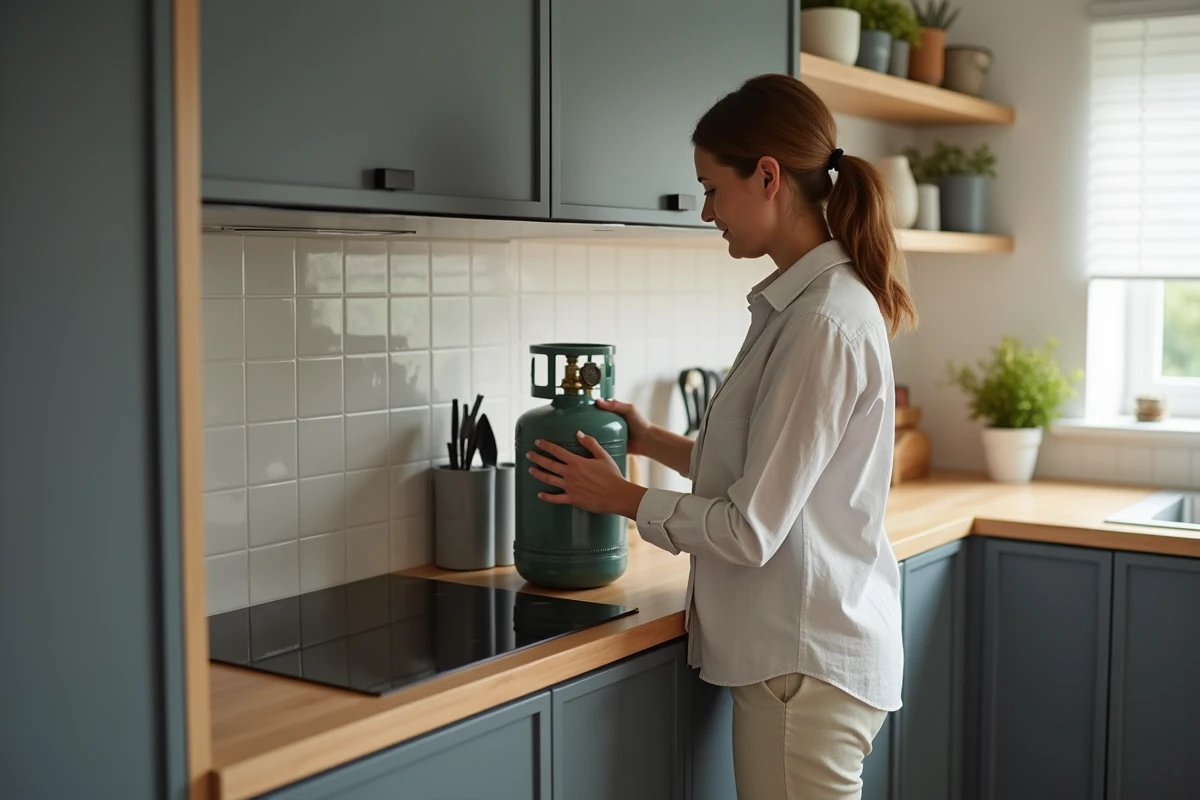 Femme rangeant une bouteille de gaz BPGA en toute sécurité dans un meuble ventilé de cuisine moderne