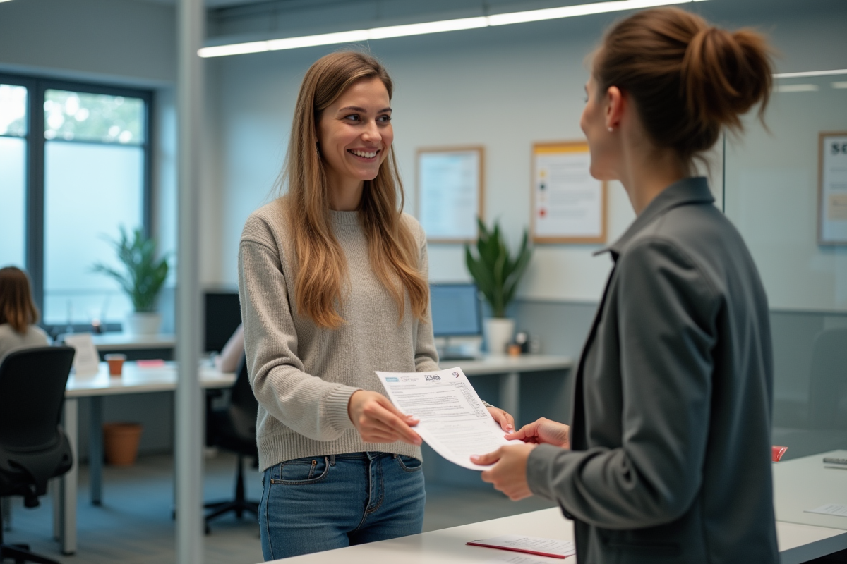 Jeune femme remettant un certificat de cession à un agent à la préfecture