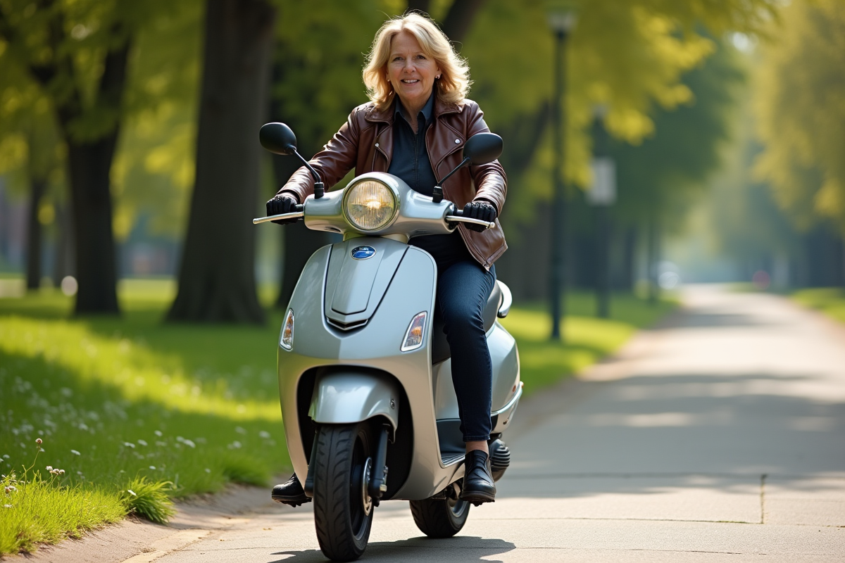 Femme à scooter en arrêt près d