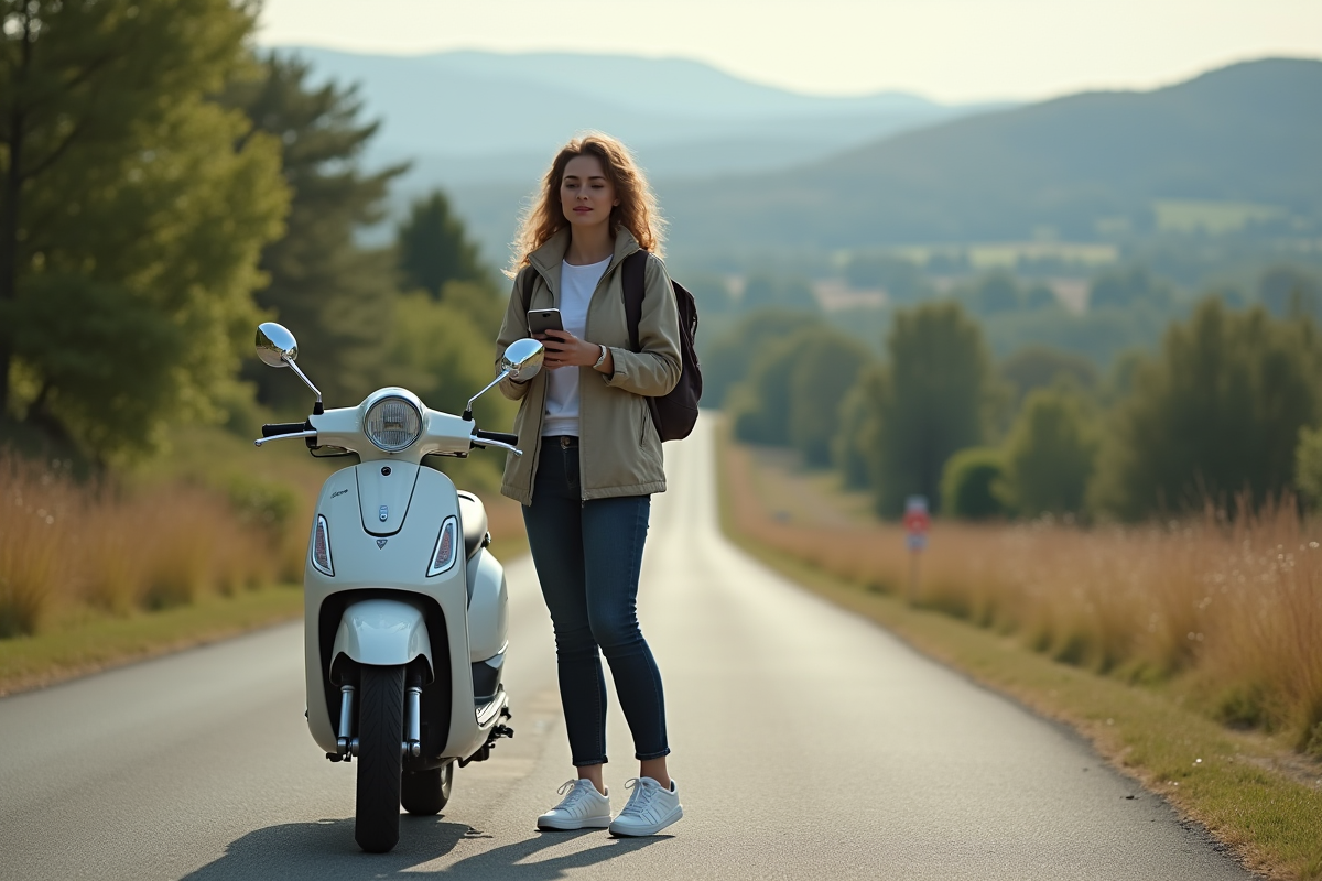 Jeune femme sur une route rurale avec son scooter et smartphone