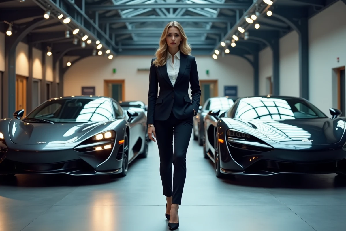 Jeune femme en costume entre deux voitures modernes et vintage