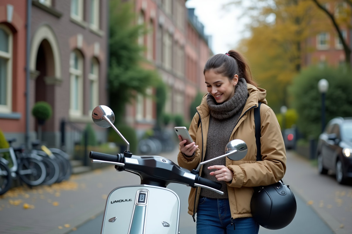 Jeune femme avec scooter en ville urbaine