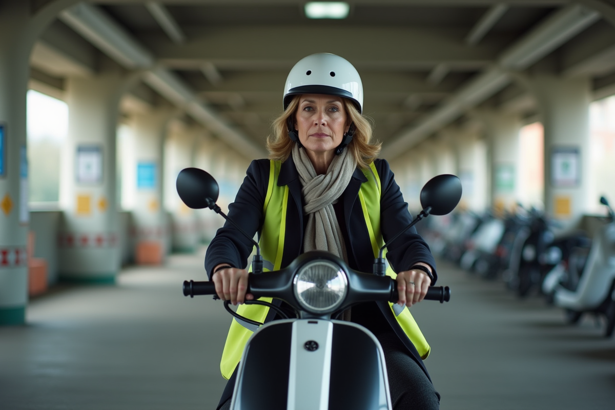 Femme en urban parking sécurisant son scooter avec casque