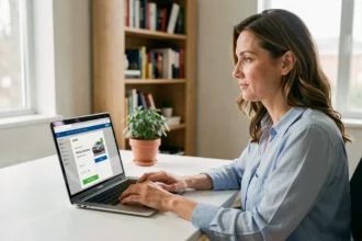 Femme utilisant un simulateur d'assurance automobile sur son ordinateur portable à domicile