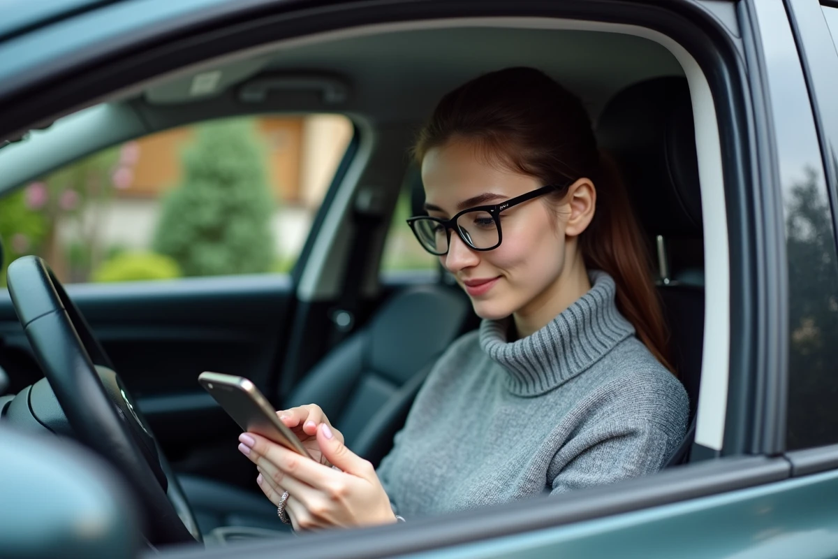 Femme utilisant son smartphone pour déverrouiller la radio de la voiture