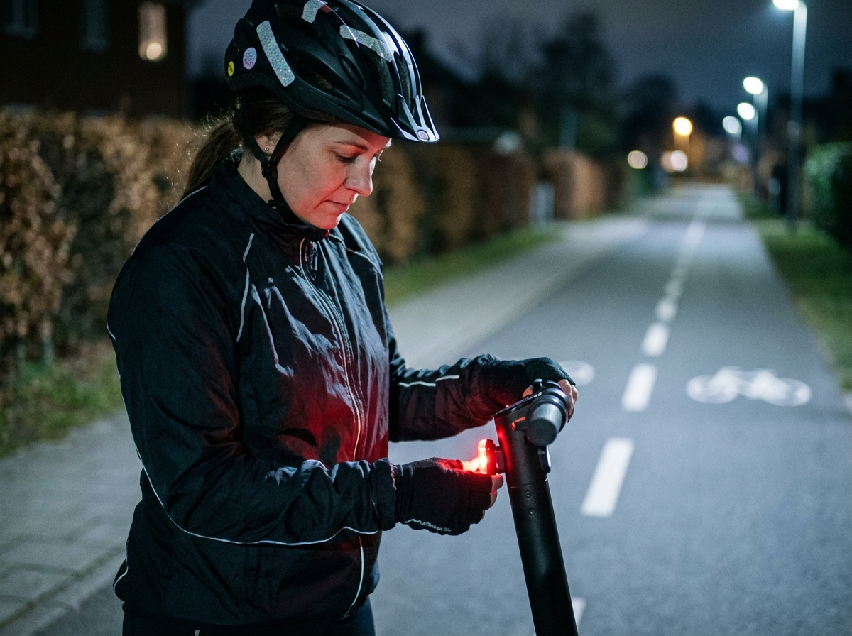 Femme installant un feu arrière LED sur sa trottinette électrique la nuit en piste cyclable