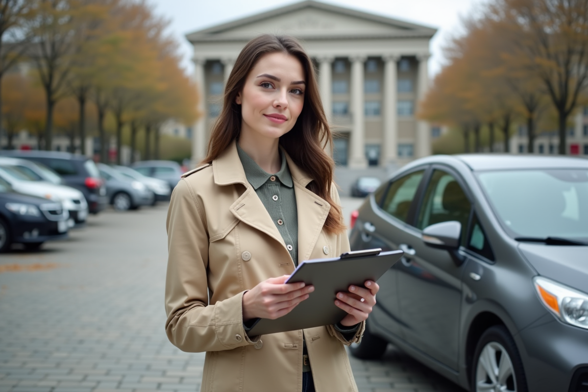 Jeune femme vérifiant documents de voiture dans un parking urbain