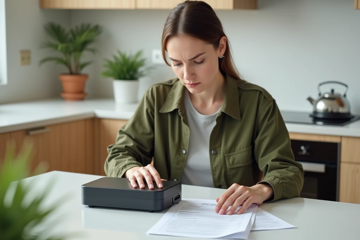 Jeune femme vérifiant un airlinker dans une cuisine lumineuse
