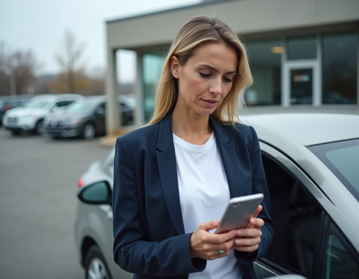 Femme vérifiant les avis clients sur son smartphone devant une voiture d'occasion chez un concessionnaire