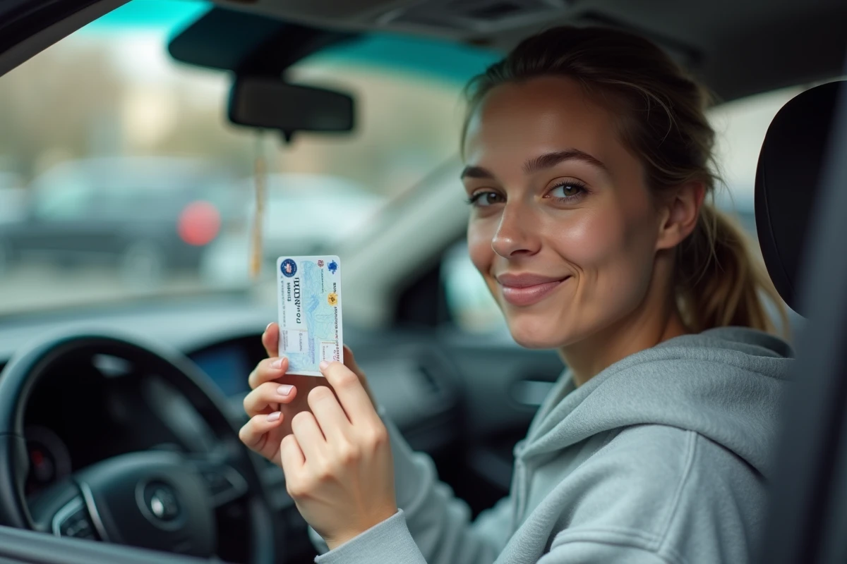Jeune femme inspectant son permis de conduire avec le code 79 depuis l'intérieur de sa voiture