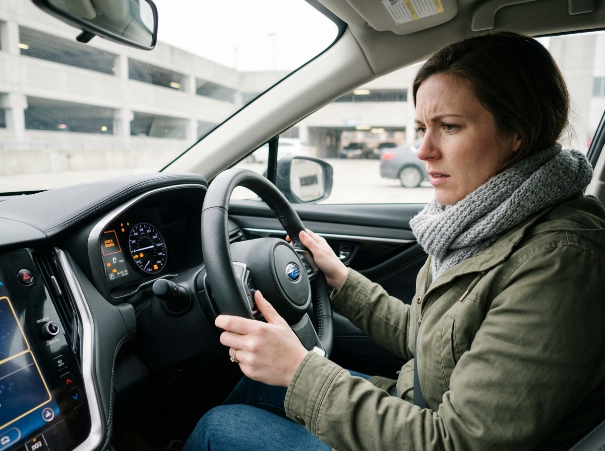 Jeune femme regarde les voyants du tableau de bord de sa voiture