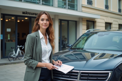 Jeune femme en casual devant une voiture en face d'une préfecture
