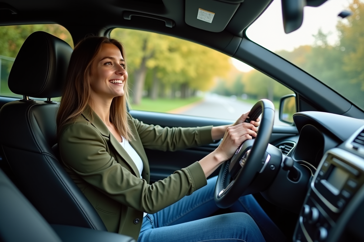 Femme au volant dans un cadre résidentiel