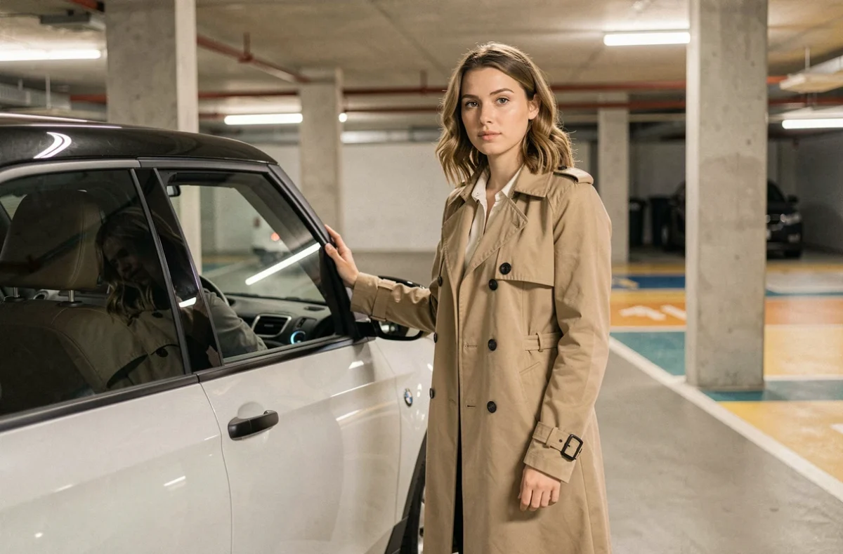 Jeune femme en manteau beige posant à côté d'une petite voiture sans permis BMW dans un parking souterrain moderne