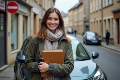 Femme souriante avec voiture sans permis en ville