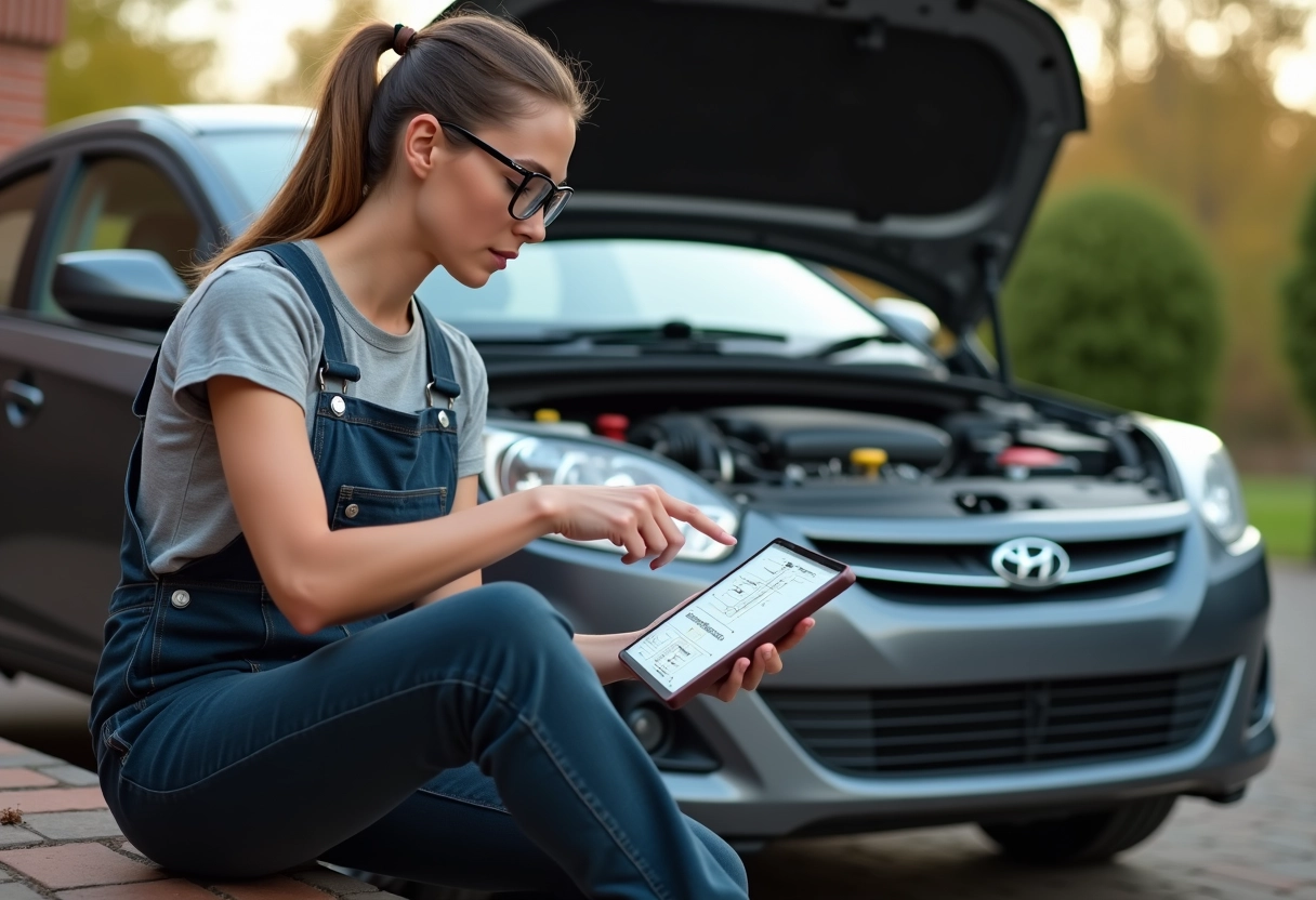 Femme en overalls pointant un schéma sur une tablette devant une voiture