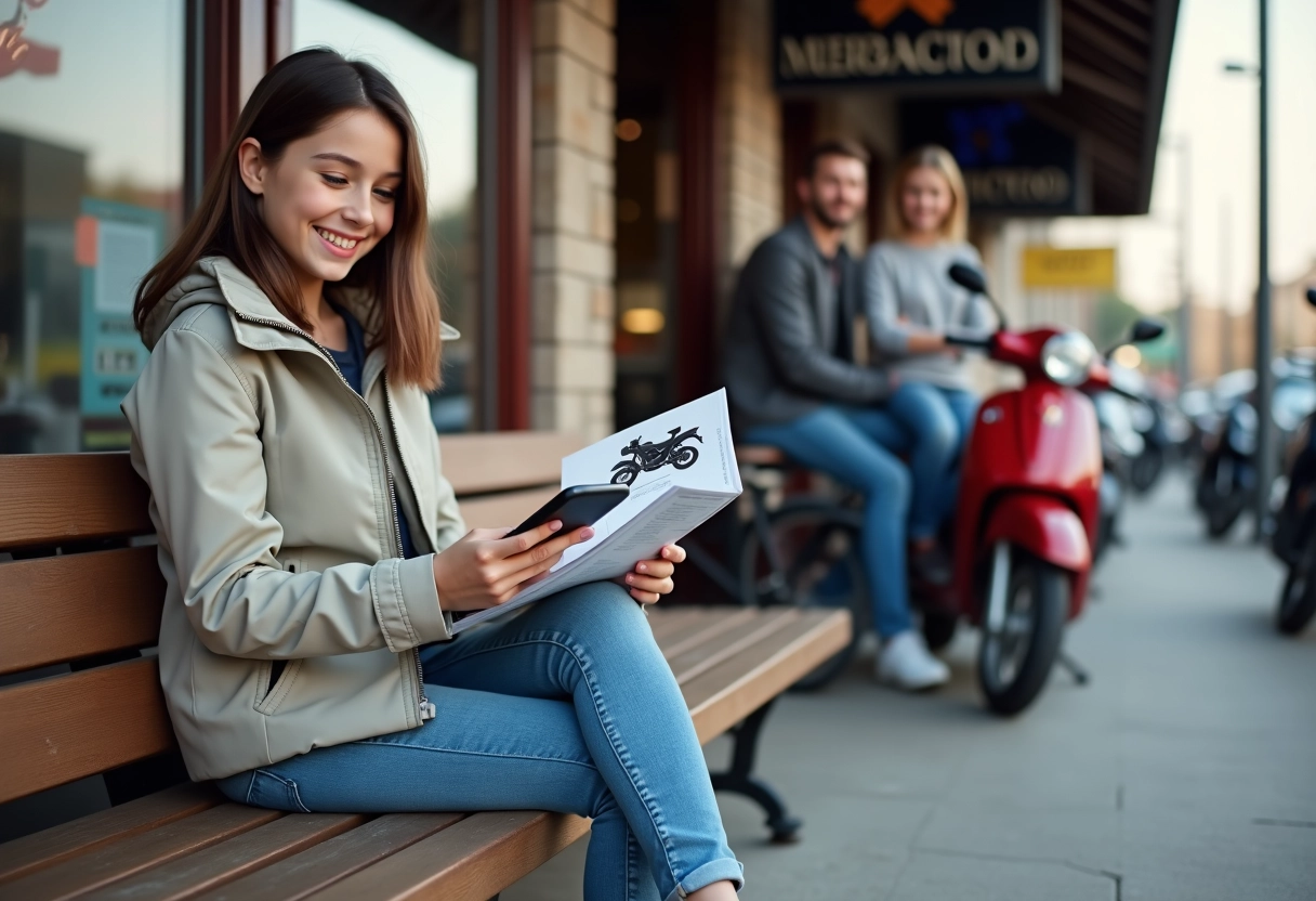 Fille regardant brochure de motos devant le concessionnaire
