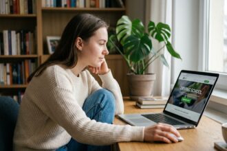 Jeune femme à son bureau s'inscrivant en ligne pour l'auto ecole