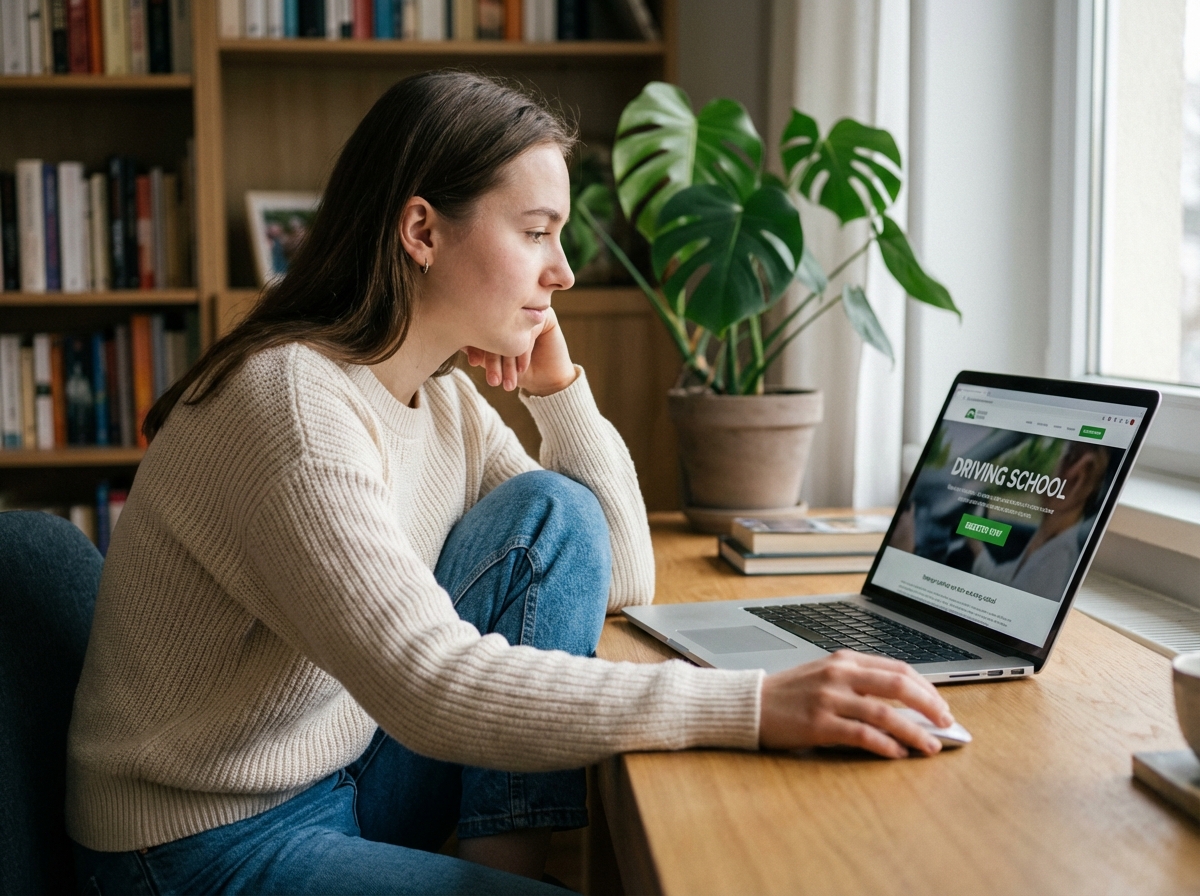 Jeune femme à son bureau s'inscrivant en ligne pour l'auto ecole