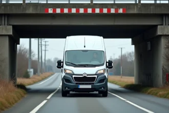Fourgon Citroën Jumper L2H2 approchant un pont bas avec barre de gabarit rouge et blanc en zone périurbaine