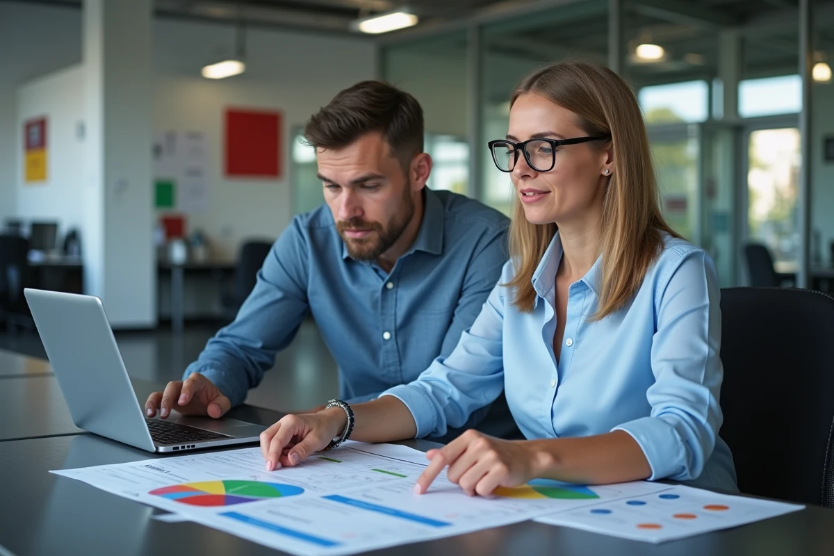 Gestionnaire auto en discussion avec collègue dans bureau