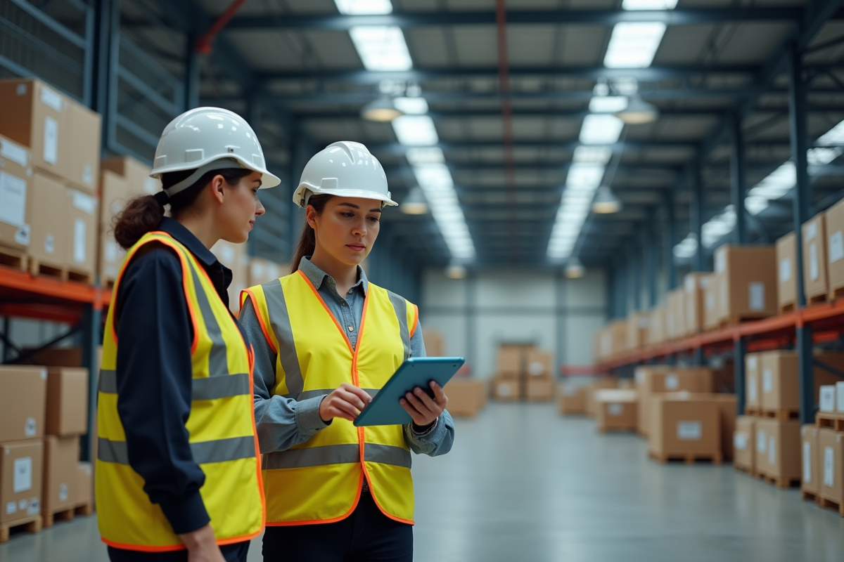 Deux gestionnaires logistiques discutant avec tablette dans un entrepot