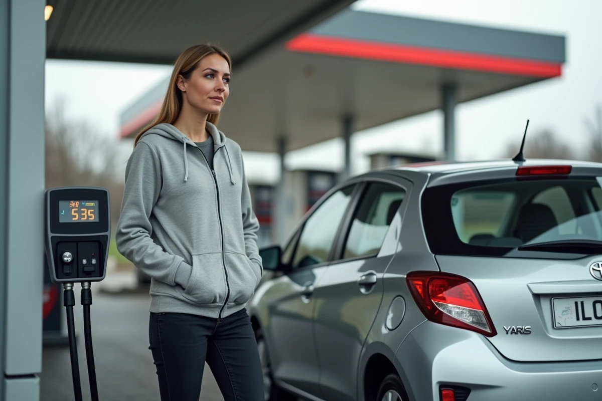 Femme vérifiant la pression des pneus de sa Toyota Yaris Hybride à une borne de gonflage dans une station-service