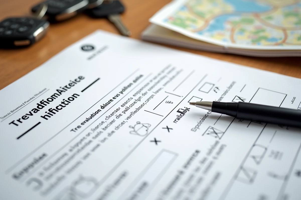 Grille d'évaluation officielle du permis de conduire avec critères et cases à cocher sur un bureau