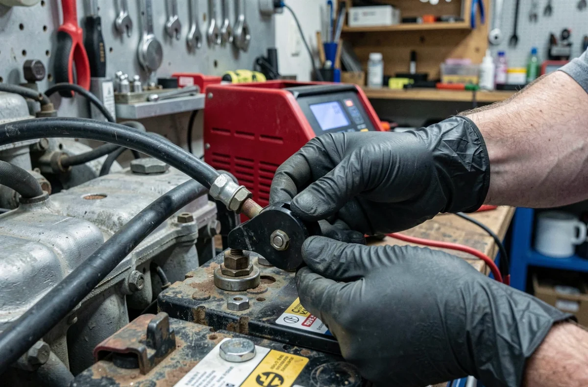 Gros plan sur des mains gantées débranchant le câble négatif d'une batterie de voiture avant de recharger