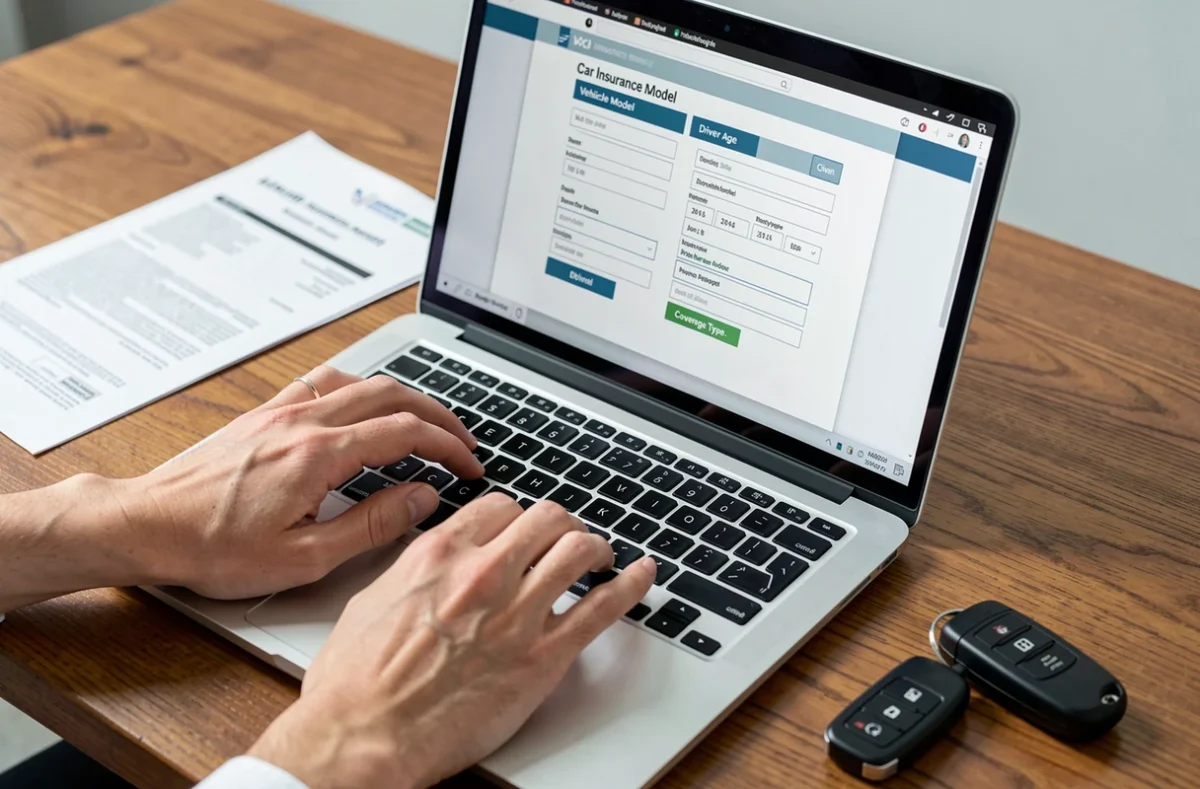 Gros plan sur des mains saisissant un formulaire de devis assurance automobile en ligne