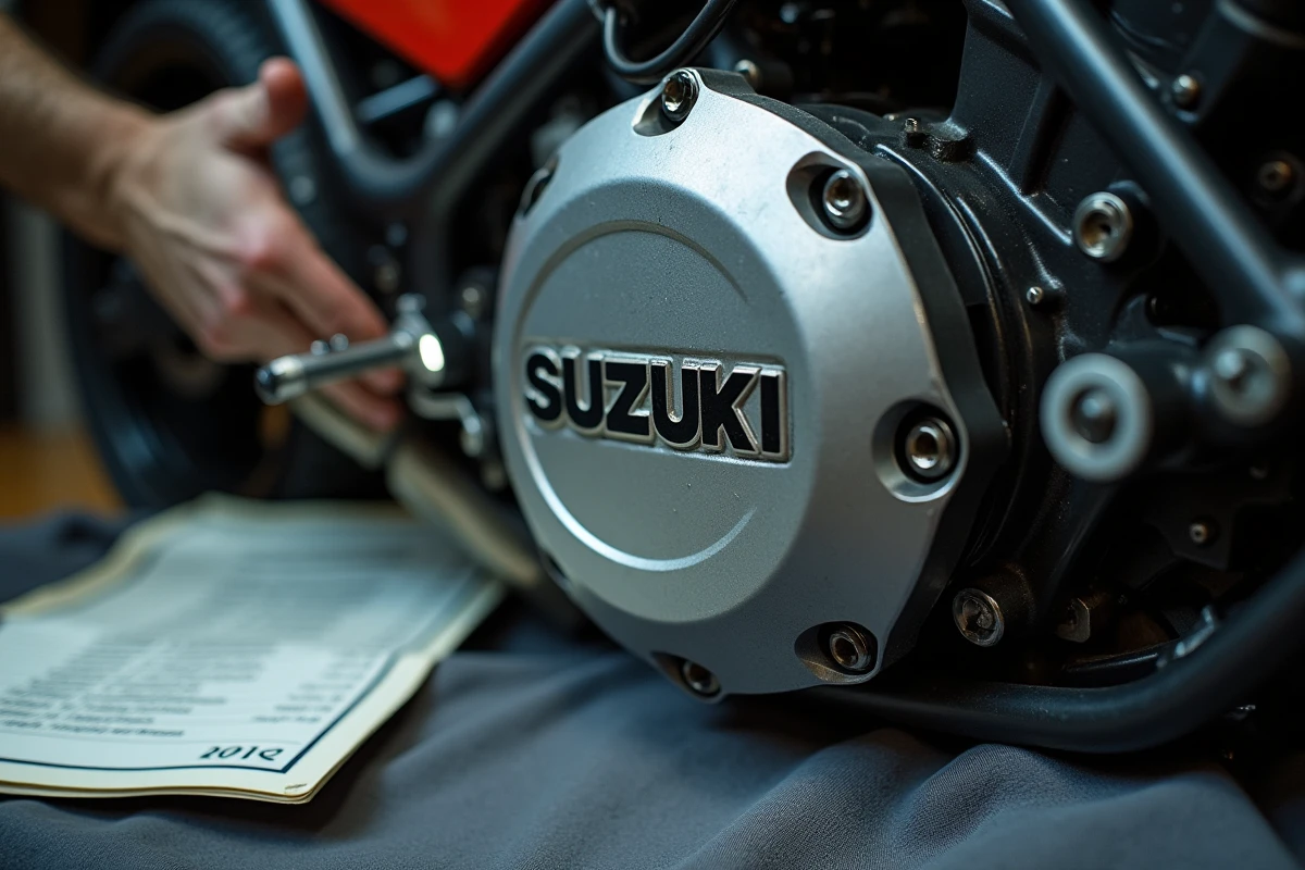 Gros plan sur le numéro moteur d'une Suzuki GSXR 1100 de 1992 lors d'une vérification d'authenticité par un collectionneur expert