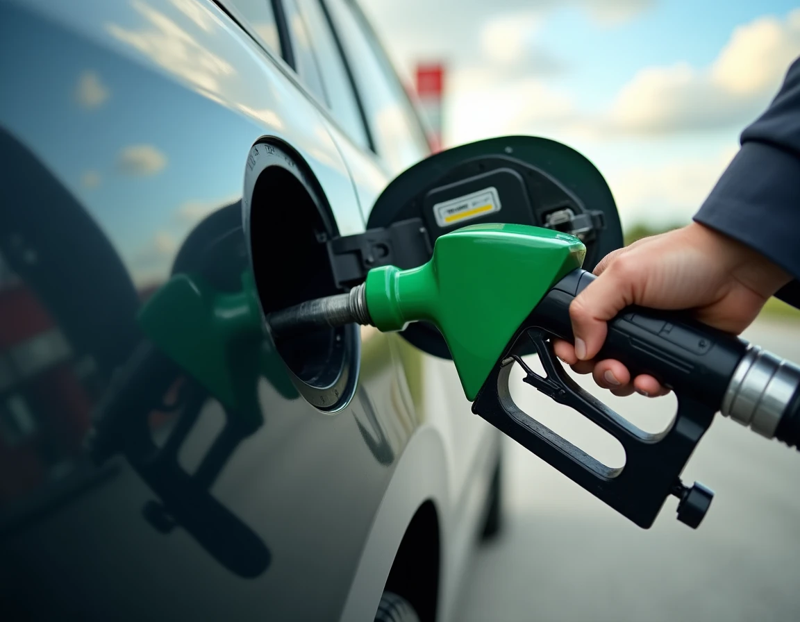 Gros plan sur un pistolet E85 et l'autocollant de compatibilité éthanol d'un véhicule flex-fuel