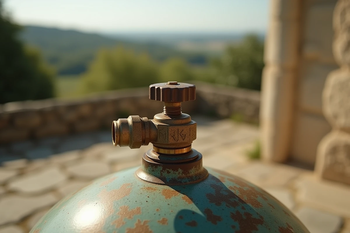 Gros plan sur le robinet corrodé d'une bouteille de gaz BPGA exposée à la chaleur